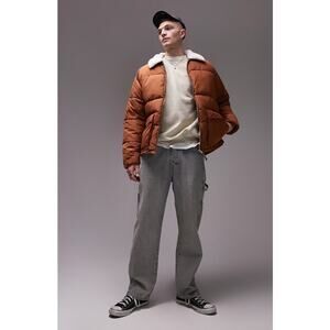 Topman Puffer Jacket with Faux Shearling Collar Sherpa Brown White Size M NWOT